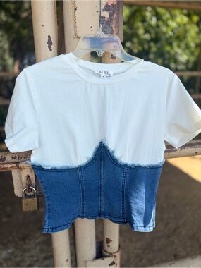 Del RA White & Blue Denim-Trim Crop Tee- small